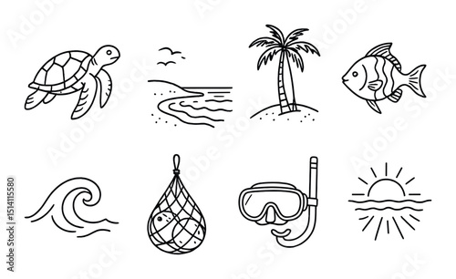 Tropical ocean linear icons set – outline, beach and marine life elements