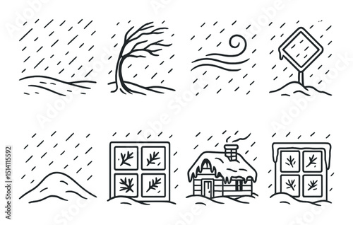 Winter blizzards silhouette icons set – snowstorm, cold weather, and icy conditions