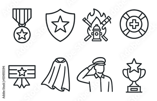 Heroic achievements outline icons set – silhouette, bravery and award symbols