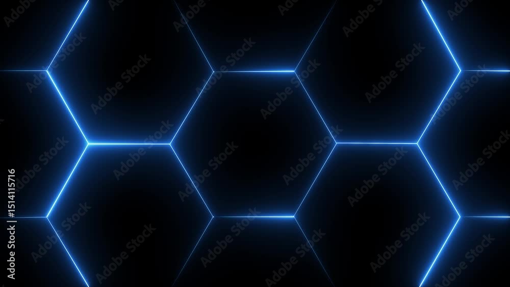 glowing neon light hexagon frame animated on black background.  futuristic abstract hexagonal grid background growth line Geometric Surface  light hexagon.