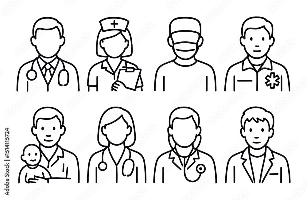 Healthcare and medical line icons set – outline, hospital staff and team symbols Healthcare and medical line icons set – outline, hospital staff and team symbols
