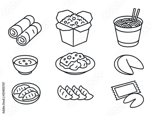 Asian fast food outline icons set – noodle, dumpling and fortune cookie graphics