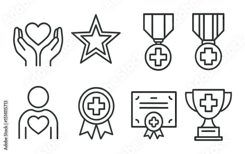 Medical honor badges outline icons set – awards, healthcare, achievement symbols