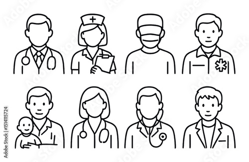 Healthcare and medical line icons set – outline, hospital staff and team symbols