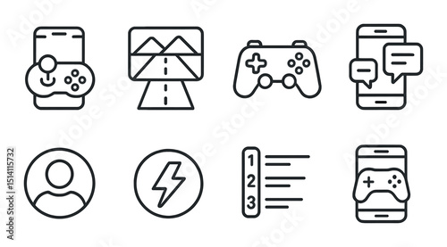 Mobile gaming linear icons set - outline, simple and digital symbols