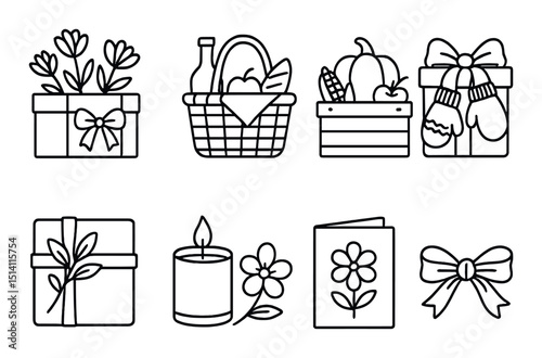 Seasonal gift outline icons set – holiday, present and celebration symbols