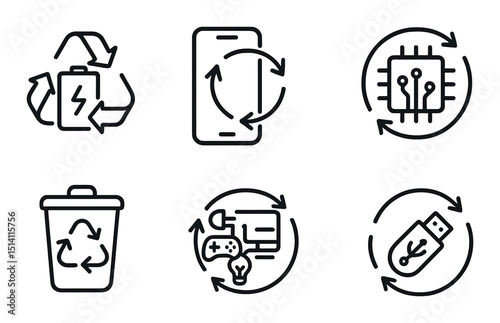 E-waste recycling outline icons set – digital waste, electronic disposal symbols