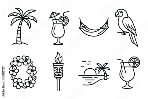 Tropical vacation line icons set – outline, beach leisure and holiday symbols
