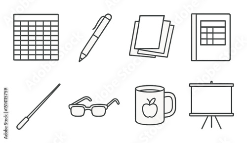 Teacher's essential tools line icons set – outline, education and classroom basics