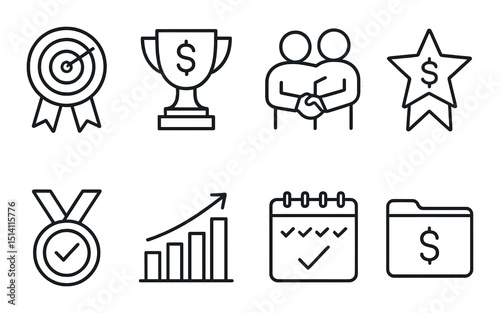 Sales and achievement line icons set – outline, goals and business success symbols