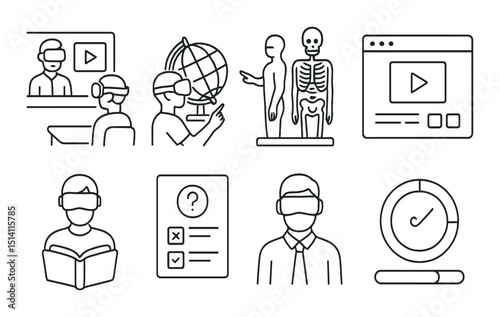 Virtual education line icons set – learning, online study, and e-training designs