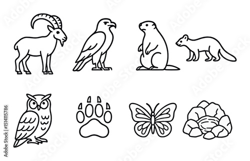 Alpine wildlife outline icons set – silhouette, nature and animal symbol collection