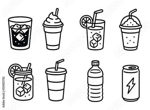 Fast food drinks outline icons set – beverages, soda, and refreshment symbols