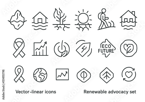 Climate and renewable linear icons set – outline, eco and sustainable energy symbols