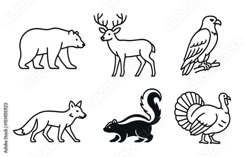 North american forest animals silhouette icons set – wildlife, fauna, nature symbols
