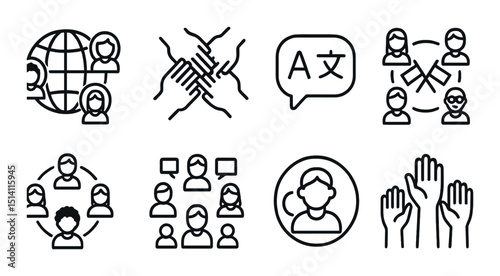 Multicultural team linear icons set – outline, diversity and inclusion symbols