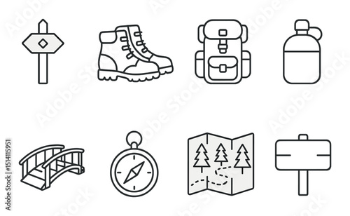 Forest and hiking outline icons set – essentials, nature and outdoor adventure symbols