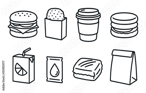Drive thru breakfast line icons set – outline, fast food and morning meal symbols