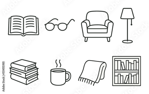 Cozy reading nook silhouette icons set – relaxation, comfort and book lover symbols