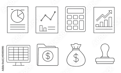 Finance and budget outline icons set – business, planning and management symbols