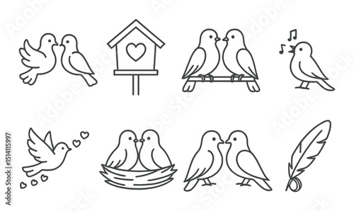 Lovebirds silhouette icons set – simple, romantic, avian symbols for design projects