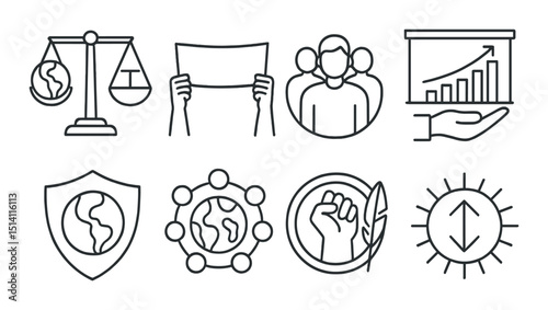 Climate justice line icons set – environment, sustainability and global change symbols