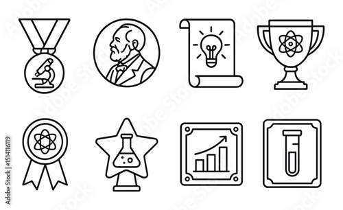 Scientific award linear icons set – outline, academic and achievement symbols