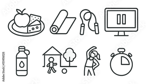Wellness and fitness outline icons set – exercise, health, and relaxation symbols