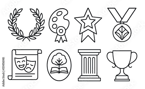 Cultural honor outline icons set – awards, achievements, and recognition symbols