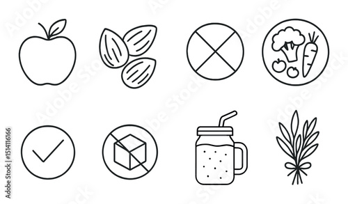 Clean eating outline icons set – healthy, nutrition and wellness symbols