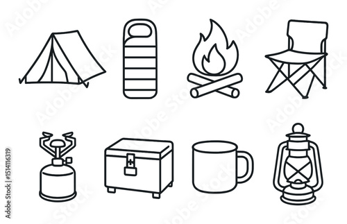 Mountain camping outline icons set – simple, essentials and adventure symbols