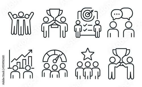 Team success outline icons set – business, achievement, and collaboration graphics