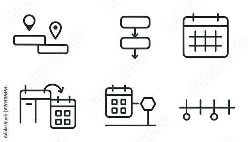 Timeline and planning outline icons set – linear, schedule and organization symbols