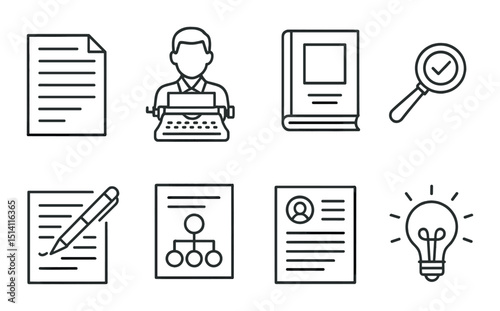 Literature outline icons set – books, writing, and composition symbols