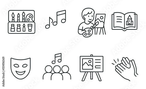 Creative activities silhouette icons set – outline, art and hobby symbols