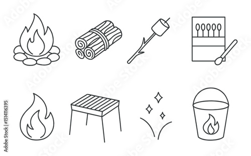 Campfire essentials outline icons set – silhouette, fire and camping symbols