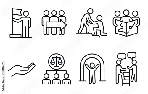 Leadership and teamwork outline icons set – silhouette, management and guidance symbols