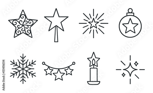 Holiday star linear icons set – outline, festive and seasonal decoration symbols
