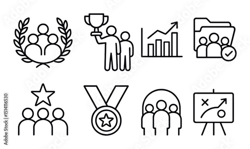 Team achievement outline icons set – success, goals and collaboration symbols