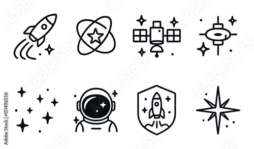 Space exploration line icons set – outline, galaxy and astronaut design elements