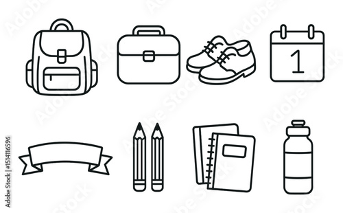 Back to school essentials outline icons set – simple, academic supplies, education symbols