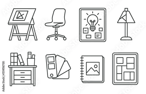 Creative studio essentials icons set – outline, workspace and design elements