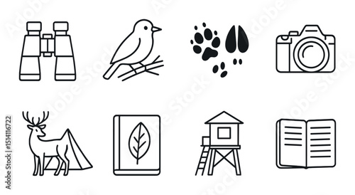 Wildlife observation outline icons set – nature watching, fauna tracking symbols