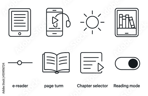 Digital reading outline icons set – e-reader, book, and library symbols