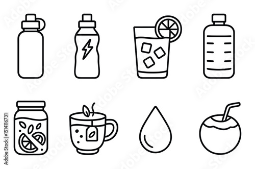 Hydration essentials outline icons set – water, drink, and beverage symbols