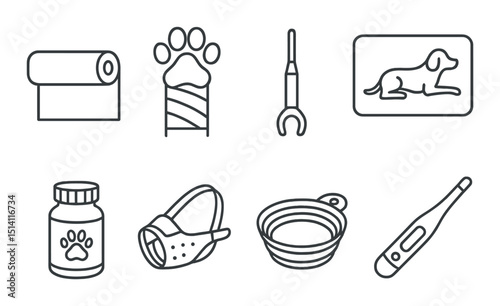 Pet first aid outline icons set – silhouette, animal care, emergency symbols
