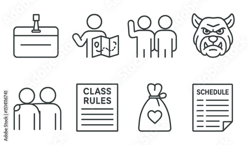Orientation week icons set – line, welcome, and college introduction symbols