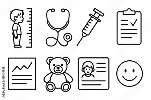 Pediatric medical outline icons set – healthcare, child wellness illustrations