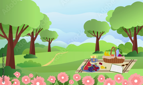 Picnic on a forest meadow. Relaxation on a nice sunny day. Picnic blanket and basket with food. Plate with fruits - watermelon, cherry, pear. Book and sunglasses. Green landscape, flower meadow