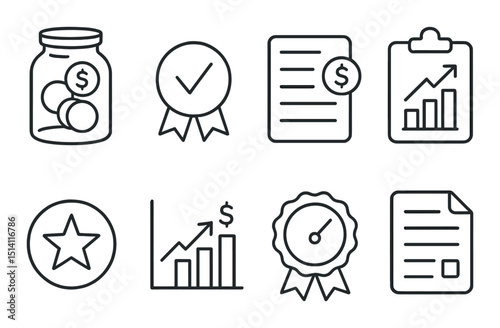 Financial achievement linear icons set – outline, success and growth symbols